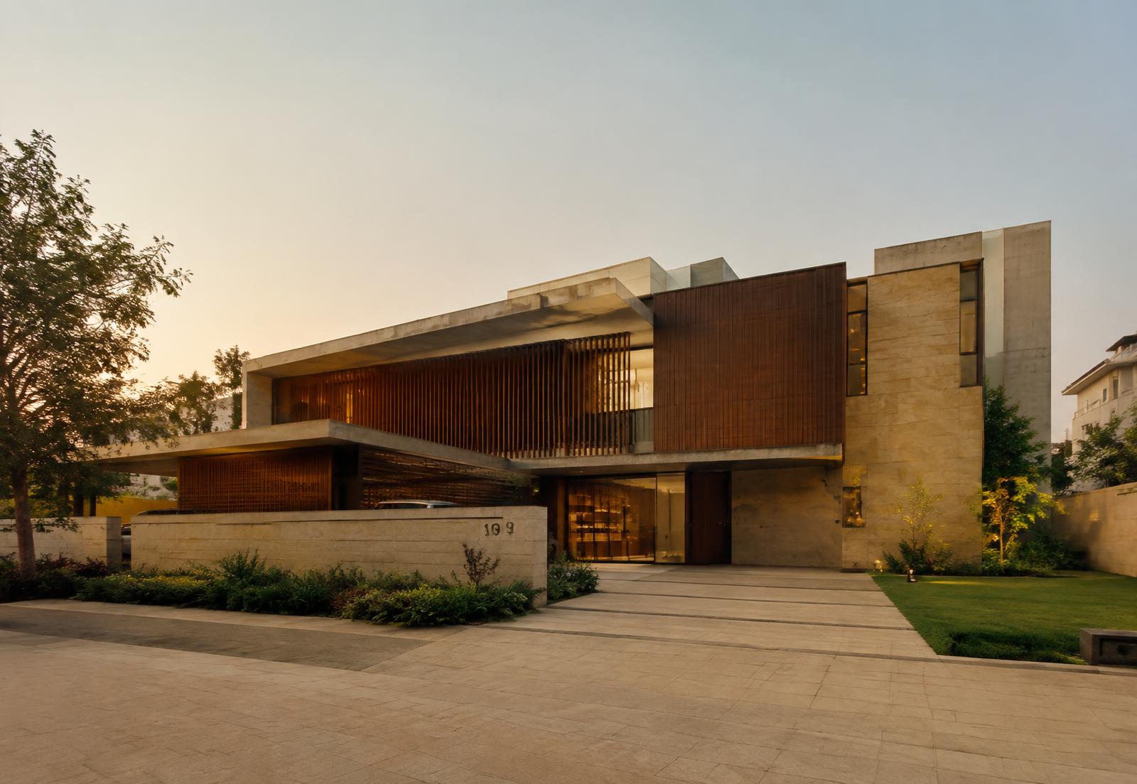 Modern bungalow with stone and timber facade in Ahmedabad